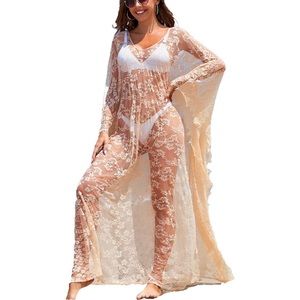 Cover up Robe Women Boho Beach Eyelash Lace Soft Thin Oversized Apricot